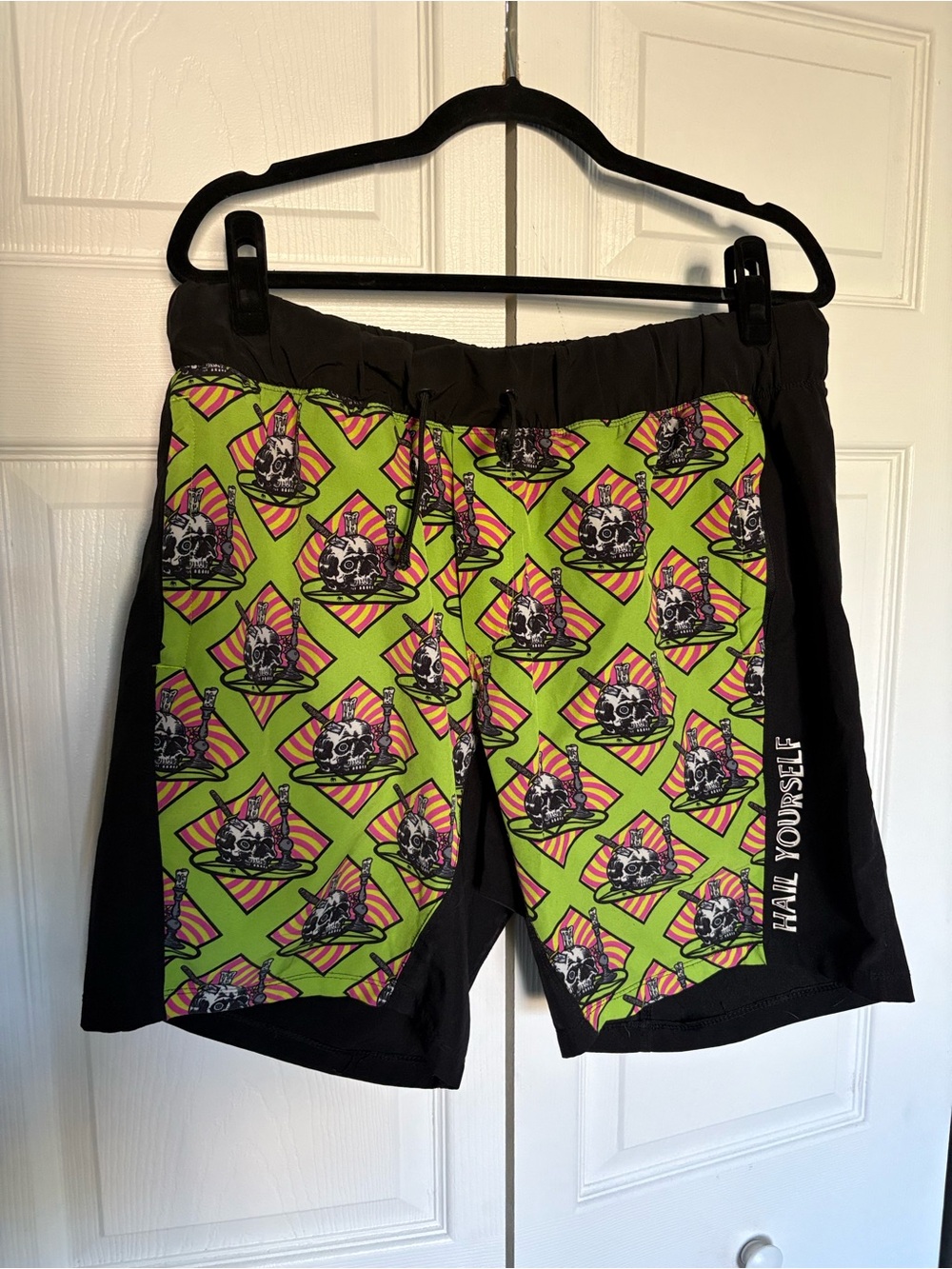 Neon Green Graphic Athletic Shorts with Black Panels